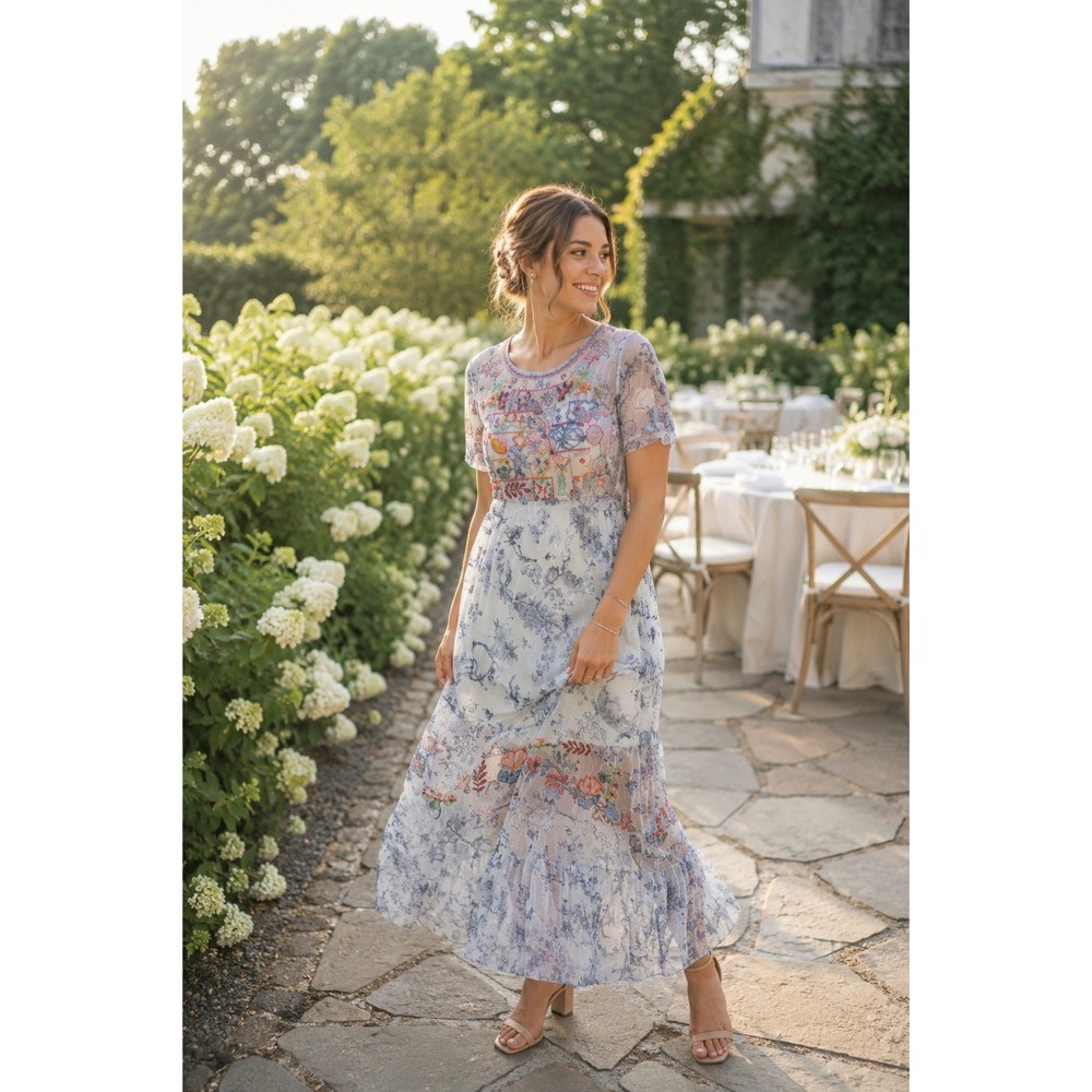Biya Johnny Was Embroidered Mesh Floral Maxi Dress Blue White Large